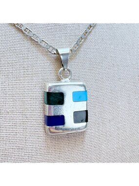 Multi Gemstone Southwestern Pendant Necklace Sterling Silver 925 Size 23" Length